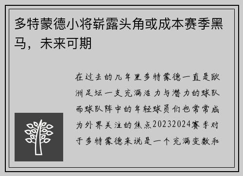 多特蒙德小将崭露头角或成本赛季黑马，未来可期